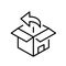 Goods return delivery company service. Open 3d box and back arrow. Pixel perfect, editable stroke