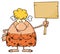 Goofy Blonde Cave Woman Cartoon Mascot Character Holding A Wooden Board