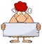 Goofy Red Hair Cave Woman Cartoon Mascot Character Holding A Stone Blank Sign.