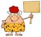 Goofy Red Hair Cave Woman Cartoon Mascot Character Holding A Wooden Board.