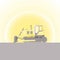 Goose bulldozer against the background of the rising sun. Construction machiner. Vector illustration