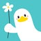 Goose Duck face head. Waving wing hand from the corner. White bird holding daisy chamomile flower. Cute cartoon kawaii funny