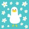 Goose Duck icon. Funny face head. Waving wing hands. Bird, yellow beak. White daisy chamomile flower. Cute cartoon kawaii funny