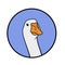 Goose head looking forwards in a blue colored circle. Animal illustration for kids book and biology lesson. Logotype for farm