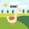 Goose saying honk print. Cute farm character on a green pasture making a sound