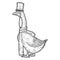 Goose wearing hat and scarf, monocle. Engraving vector illustration.