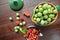 Gooseberries and red currants in a beautiful bowl