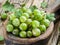 Gooseberries in the wooden bowl.