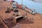 Gopalpur, India, November, 05, 2020. Accident at the port. Dump truck overturned while unloading iron ore. Work on lifting the tru