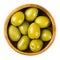 Gordal Reina green olives in a wooden bowl over white