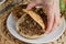 Gordita de chicharron Mexican tortilla bread made with pork rind seen from inside before being stuffed