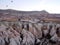 Goreme town. Cappadocia. Turkey. Balloon flight over the rocky valleys of Cappadocia at sunrise.