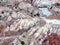 Goreme town. Cappadocia. Turkey. Balloon flight over the rocky valleys of Cappadocia at sunrise.