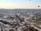 Goreme town. Cappadocia. Turkey. Balloon flight over the rocky valleys of Cappadocia at sunrise.