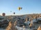 Goreme town. Cappadocia. Turkey. Balloon flight over the rocky valleys of Cappadocia at sunrise.