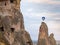 Goreme, TURKEY - 2019: Hot Air Balloon over Cappadocia ruins