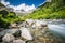 Gorezmettlenbach river with Swiss Alps Wandenhorn, Grassengrat and Chlo Spannort on Sustenpass, Switzerland, Europe