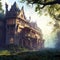 Gorgeous abandoned medieval mansion in a fairytale forest. Surreal mystical fantasy artwork. Generative AI