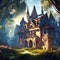 Gorgeous abandoned medieval mansion in a fairytale forest. Surreal mystical fantasy artwork. Generative AI