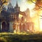 Gorgeous abandoned medieval mansion in a fairytale forest. Surreal mystical fantasy artwork. Generative AI