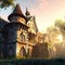 Gorgeous abandoned medieval mansion in a fairytale forest. Surreal mystical fantasy artwork. Generative AI