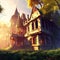 Gorgeous abandoned medieval mansion in a fairytale forest. Surreal mystical fantasy artwork. Generative AI