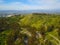 Gorgeous aerial shot of lush green trees and plants on the hillside with blue sky and clouds