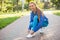 Gorgeous athletic woman working out in the park in the morning