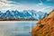 Gorgeous autumn view of Cheserys lake with Mount Blanc on background, Chamonix location. Spectacular outdoor scene of Vallon de Be