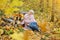 Gorgeous blonde surrounded by autumn leaves, sitting in a gentle jumper in the woods, leaning on the logs, smiling