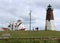 Gorgeous blue skies and cloud cover make great backdrop for historic Point Judith Lighthouse, Rhode Island, 2018