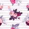 Gorgeous botanical seamless pattern with small half-colored bouquets of wild roses against lilac horizontal paint trails