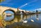 Gorgeous bottom-up view on ancient Charles Bridge, Vltava river and flock of swans