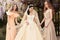 Gorgeous bride in luxurious wedding dress, posing with beautiful bridesmaids in elegant dresses