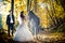 The gorgeous brunette bride is tenderly petting black horse in the sunlits at the blurred background of the groom. The
