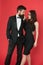 Gorgeous couple in love. Award ceremony concept. Bearded gentleman wear tuxedo girl elegant dress. Formal dress code