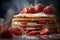 gorgeous delicious hot pancakes with honey and strawberries under daylight in nordic style, neural network generated