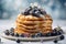 gorgeous delicious pancakes with honey and blueberries under daylight in nordic style, neural network generated photorealistic