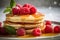 gorgeous delicious pancakes with honey and raspberries under daylight in nordic style, neural network generated photorealistic