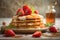 gorgeous delicious pancakes with honey and strawberries under daylight in nordic style, neural network generated