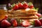 gorgeous delicious pancakes with honey and strawberries under daylight in nordic style, neural network generated photorealistic