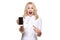 Gorgeous excited woman pointing to blank screen mobile phone over white background, celebrating victory and success.