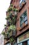 Gorgeous garden flowers in pots, draped over fire escape, downtown business area, Saratoga Springs, New York, 2018