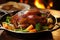 Gorgeous golden brown roast goose with crispy skin, cooked to perfection in a sizzling pan