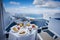 Gorgeous greek breakfast in idyllichotel varanda with sea and caldera view of Santorini, greece