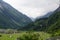 Gorgeous green meadow beside Alps small village,