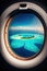 Gorgeous island ocean are seen through window of an aircraft. Travel concept. Flight by plane. Generative Ai