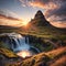 Gorgeous landscape with rising sun on Kirkjufellsfoss waterfall and Kirkjufell mountain, Iceland, Europe. Landscape