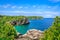 Gorgeous landscape view of great inviting Cyprus lake tranquil, turquoise water at beautiful Bruce Peninsula, Ontario