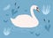 Gorgeous lonely white swan swimming in water of pond or lake among plants. Adorable cartoon wild bird, game fowl or